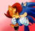 Size: 3334x3000 | Tagged: safe, artist:tale-dude, sally acorn, sonic the hedgehog, chipmunk, hedgehog, 2016, blushing, duo, eyes closed, female, gradient background, holding hands, male, sally x sonic, sally's ringblader outfit, shipping, straight