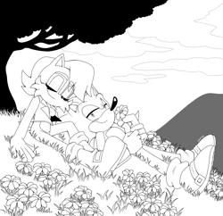Size: 2048x1983 | Tagged: safe, artist:m4gicvick, sally acorn, sonic the hedgehog, chipmunk, hedgehog, 2024, daytime, duo, female, flower, holding something, lying down, male, plant, sally x sonic, sally's vest and boots, shipping, sitting, straight, tree