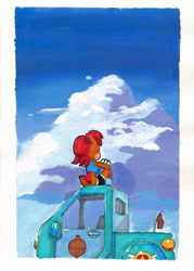 Size: 1280x1789 | Tagged: safe, artist:chauvels, sally acorn, chipmunk, 2023, cloud, daytime, female, sally's ringblader outfit, sitting, solo, vehicle