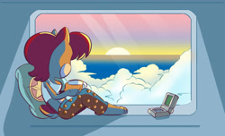 Size: 1280x779 | Tagged: safe, artist:chauvels, nicole the handheld, sally acorn, chipmunk, 2022, alternate outfit, clothes, cup, drink, female, holding something, morning, sitting, solo, sun