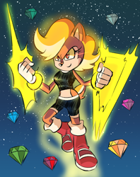 Size: 1280x1614 | Tagged: safe, artist:chauvels, sally acorn, chipmunk, 2023, chaos emerald, female, floating, sally's ringblader outfit, solo, space, star (sky), super form, super sally