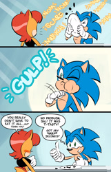 Size: 1236x1920 | Tagged: safe, artist:chauvels, sally acorn, sonic the hedgehog, chipmunk, hedgehog, 2022, burnt food, comic, dialogue, duo, eating, english text, female, food, fridge, holding something, kitchen, male, plate, sally x sonic, sally's ringblader outfit, shipping, speech bubble, straight, thumbs up