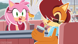Size: 3000x1689 | Tagged: safe, artist:pensforpenc1ls, amy rose, sally acorn, shadow the hedgehog, chao, chipmunk, hedgehog, 2026, advertisement, daytime, drink, duo, female, holding something, looking at viewer, restaurant, sally's vest and boots, soda, waving