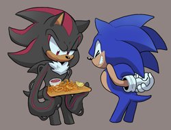 Size: 1075x815 | Tagged: safe, artist:sonicfan2026, shadow the hedgehog, sonic the hedgehog, 2024, duo, eyes closed, food, frown, grey background, hands behind back, lemon, looking at something, onion ring, sauce, simple background, smile, standing
