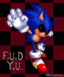 Size: 1280x1536 | Tagged: safe, artist:wishfulstella, sonic the hedgehog, oc, oc:crimson x, oc:sonic.exe, hedgehog, 2026, black sclera, bleeding, bleeding from eyes, blood, classic sonic, classic style, dripping, dripping blood, english text, lineless, looking at viewer, reaching out, reaching towards the viewer, signature, smile, solo, text