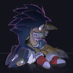 Size: 1473x1473 | Tagged: safe, artist:anhvo3511, miles "tails" prower, sonic the hedgehog, 2023, alternate universe, alternate version, au:darkleading, black shoes, bleeding, bleeding from mouth, blood, dark form, dark sonic, duo, glowing, gradient background, holding them, injured, kneeling, scratch (injury), shrunken pupils, sitting, torn socks