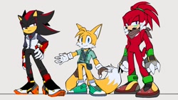 Size: 1451x820 | Tagged: safe, artist:anhvo3511, knuckles the echidna, miles "tails" prower, shadow the hedgehog, 2023, alternate outfit, alternate universe, au:darkleading, bandana, clothes, frown, green shoes, hand on hip, jacket, lidded eyes, looking at viewer, looking offscreen, mouth open, red shoes, shoes, simple background, smile, socks, trio, white background