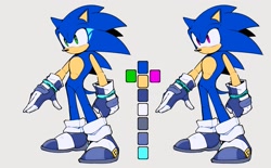 Size: 1669x1033 | Tagged: safe, artist:anhvo3511, sonic the hedgehog, 2023, alternate outfit, alternate universe, au:darkleading, blue gloves, blue shoes, color guide, duality, flat colors, frown, fur markings, gloves, grey background, looking offscreen, shoes, simple background, solo
