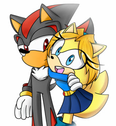 Size: 1024x1114 | Tagged: safe, artist:silverfirefox10, maria robotnik, shadow the hedgehog, oc, oc:maria the hedgehog, hedgehog, 2019, duo, eye clipping through hair, hugging, looking at viewer, mobianified, mouth open, open smile, simple background, smile, standing, white background