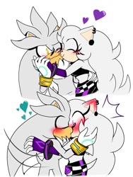 Size: 1125x1500 | Tagged: safe, artist:kat4nadep4pel, silver the hedgehog, oc, oc:summer the hedgehog, hedgehog, 2022, blushing, blushing ears, canon x oc, duo, eyes closed, flat colors, heart, holding each other, kiss, kiss on cheek, looking at them, one eye closed, shipping, silver x summer, simple background, smile, standing, straight, surprise kiss, surprised, white background