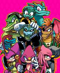 Size: 876x1057 | Tagged: safe, artist:waniramirez, bunker the tortoise, dulcy the dragon, espio the chameleon, vector the crocodile, crocodile, 2016, bride of constant vigil, chameleon, chomps the dinosaur, cobra, dinosaur, dragon, frown, group, liza the chameleon, looking at them, looking at viewer, mordred hood, outline, rudy, smile, tortoise, yellow sclera