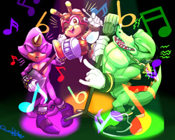 Size: 1024x820 | Tagged: safe, artist:dreamfulblue, charmy bee, espio the chameleon, vector the crocodile, sonic heroes, 2019, drum, flying, holding something, microphone, mid-air, musical notes, shamisen, signature, singing, spotlight, standing, team blast, team chaotix, trio, wink
