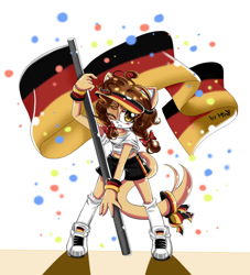 Size: 900x990 | Tagged: safe, artist:mino-the-cat, oc, oc:mino the cat, cat, 2012, blushing, bow, clothes, country flag, crop top, flag, german flag, holding something, looking at viewer, midriff, mouth open, oc only, shirt, shoes, shorts, simple background, smile, solo, standing, sweatband, visor, white background, wink