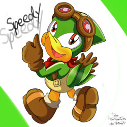 Size: 800x800 | Tagged: safe, artist:mino-the-cat, speedy, bird, 2011, bandana, character name, clothes, eyewear on head, gloves, goggles, goggles on head, kukku, looking back, looking up, mouth open, open smile, overalls, shoes, signature, simple background, socks, solo, text, thumbs up, treads, walking, white background