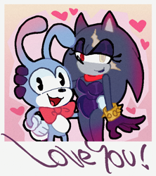 Size: 630x708 | Tagged: safe, artist:eddiesheep, feels the rabbit, hedgehog, rabbit, 2025, alternate universe, duo, english text, eyelashes, feels x terios, gender swap, half r63 shipping, heart, holding each other, holding them, leotard, lidded eyes, looking at viewer, mouth open, outline, photo, shipping, smile, standing, straight, terios the hedgehog, text