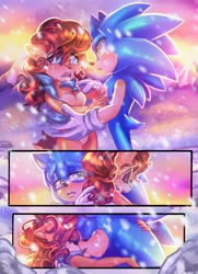 Size: 1482x2048 | Tagged: safe, artist:gummierat, sally acorn, sonic the hedgehog, chipmunk, hedgehog, 2022, comic, crying, duo, female, hugging, kiss, male, redraw, sally x sonic, sally's vest and boots, shipping, snow, snowing, sonic the hedgehog (archie), straight, tears