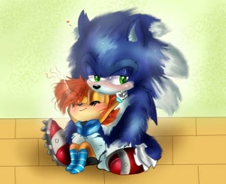 Size: 1280x1045 | Tagged: safe, artist:lilredgummie, sally acorn, sonic the hedgehog, chipmunk, hedgehog, 2013, blushing, duo, female, male, sally x sonic, sally's ringblader outfit, shipping, sitting, sonic the werehog, straight, werehog