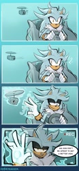 Size: 1426x3072 | Tagged: safe, artist:mackamonster, silver the hedgehog, 2025, border, camera, car, comic, dialogue, english text, eyeshadow, gradient background, holding something, lidded eyes, sitting, smile, smug, solo, sonic racing crossworlds, speech bubble, steering wheel, text, waving