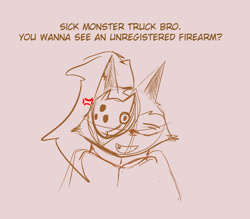 Size: 1037x908 | Tagged: safe, artist:computerbugged, whisper the wolf, 2025, bust, cross popping vein, dialogue, english text, eyes closed, fangs, grey background, line art, monochrome, mouth open, simple background, sketch, smile, solo, sonic racing crossworlds, spot color, talking, text