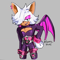 Size: 1267x1282 | Tagged: safe, artist:teary-blues, rouge the bat, 2025, alternate hairstyle, ear piercing, earring, femboy, gender swap, grey background, hair over one eye, hand on hip, lidded eyes, looking at viewer, mouth open, one fang, rouge's heroes bodysuit, signature, simple background, smile, solo, standing
