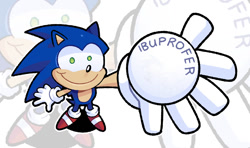 Size: 996x588 | Tagged: safe, artist:veeloopz, sonic the hedgehog, 2026, echo background, intentional typo, let's take ibuprofen together, meme, reaching out, reaching towards the viewer, smile, solo, standing, staring into your soul, typo