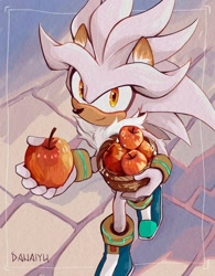 Size: 1000x1280 | Tagged: safe, artist:danaiyu, silver the hedgehog, 2026, apple, ear fluff, food, fruit, holding something, looking at viewer, outdoors, path, signature, smile, solo, walking