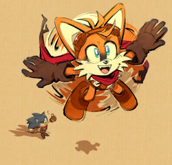 Size: 1404x1346 | Tagged: safe, artist:candycatstuffs, miles "tails" prower, sonic the hedgehog, 2026, alternate outfit, alternate universe, arms out, au:cowboy, beige background, brown gloves, brown shoes, clothes, cowboy outfit, duo, flying, goggles, mid-air, mouth open, scarf, simple background, smile, solo focus, spinning tails, thumbs up, wink