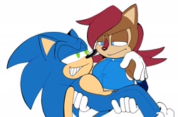 Size: 1920x1270 | Tagged: safe, artist:tvict101, sally acorn, sonic the hedgehog, chipmunk, hedgehog, 2021, alternate universe, carrying them, duo, female, grin, looking at each other, male, not amused, sally x sonic, sally's ringblader outfit, shipping, simple background, straight, white background
