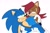 Size: 1920x1270 | Tagged: safe, artist:tvict101, sally acorn, sonic the hedgehog, chipmunk, hedgehog, 2021, alternate universe, archie sonic the hedgehog, carrying them, duo, female, grin, looking at each other, male, not amused, sally x sonic, sally's ringblader outfit, shipping, simple background, straight, white background