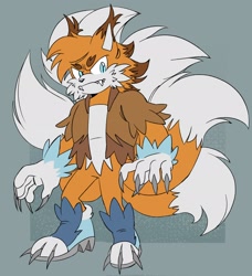 Size: 1867x2048 | Tagged: safe, artist:fotiakouneli, miles "tails" prower, 2023, blue shoes, claws, ear fluff, fangs, fur markings, kitsune, looking at viewer, solo, were form, werefox