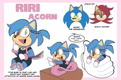 Size: 1920x1270 | Tagged: safe, artist:tvict101, sally acorn, sonic the hedgehog, oc, oc:riri acorn, chipmunk, hedgehog, 2021, character name, character sheet, child, dialogue, english text, fankid, female, happy, holding them, parent:sally, parent:sonic, parents:sonally, reference sheet, running, sally x sonic, shipping, smile, solo, speech bubble, straight