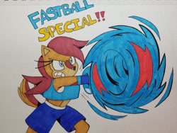 Size: 2048x1536 | Tagged: safe, artist:tvict101, sally acorn, sonic the hedgehog, chipmunk, hedgehog, 2021, alternate universe, attacking, carrying them, dialogue, duo, english text, female, fighting, macro, male, sally x sonic, sally's ringblader outfit, shipping, simple background, straight, traditional media, white background