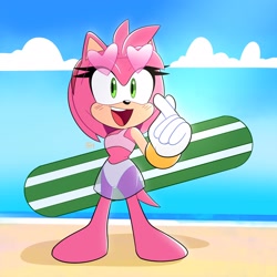 Size: 2550x2550 | Tagged: safe, artist:fernsstories, amy rose, beach, beach outfit, blushing, clouds, female, heart glasses, sand
