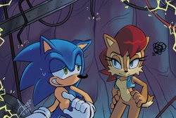 Size: 1200x808 | Tagged: safe, artist:angiethecat, sally acorn, sonic the hedgehog, chipmunk, hedgehog, 2026, duo, electricity, female, male, sally x sonic, sally's vest and boots, shipping, straight, sweatdrop