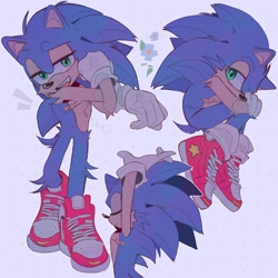 Size: 2048x2048 | Tagged: safe, artist:inkxish, sonic the hedgehog, 2022, curled up, looking at viewer, multiple views, simple background, smile, standing, stretching, transgender