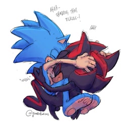 Size: 1333x1333 | Tagged: safe, artist:gunstellations, shadow the hedgehog, sonic the hedgehog, 2024, cuddling, gloves off, paws, shadow x sonic, shipping, shoes off, simple background, white background