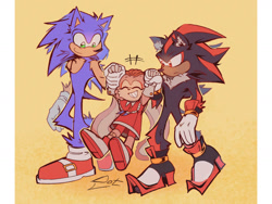 Size: 1600x1200 | Tagged: safe, artist:dotanadots, cream the rabbit, shadow the hedgehog, sonic the hedgehog, 2026, gay, holding hands, looking at something, shadow x sonic, shipping, simple background, third wheel, trio, walking, yellow background