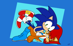 Size: 2772x1754 | Tagged: safe, artist:theteyoman, sally acorn, sonic the hedgehog, chipmunk, hedgehog, 2023, duo, female, looking at viewer, male, pose, sally x sonic, sally's vest and boots, shipping, simple background, straight