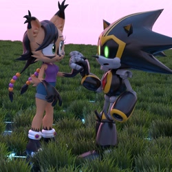 Size: 1920x1920 | Tagged: safe, artist:rotalice2, nicole the hololynx, shard the metal, lynx, 2026, 3d, alternate outfit, blender, duo, female, grass, holding hands, looking at each other, male, nicole x shard, robot, shipping, straight