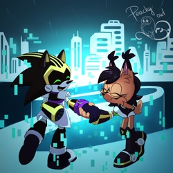 Size: 2048x2048 | Tagged: safe, artist:peachy_owl, nicole the hololynx, shard the metal, lynx, 2023, building, city, duo, female, happy, holding hands, male, nicole x shard, outfit swap, robot, shipping, skyscraper, straight