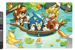 Size: 2048x1356 | Tagged: safe, artist:candleyy, antoine d'coolette, nicole the handheld, sally acorn, sonic the hedgehog, bird, chipmunk, coyote, hedgehog, 2026, alternate outfit, boat, butterfly, female, fish, flying, group, holding something, lake, literal animal, male, pond, scarf, tree, trio focus, vehicle, water