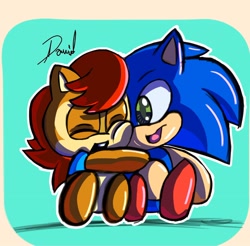 Size: 2048x2015 | Tagged: safe, artist:apontedavid543, sally acorn, sonic the hedgehog, chao, 2025, blue background, duo, female, happy, hugging, male, sally x sonic, sally's vest and boots, shipping, simple background, straight