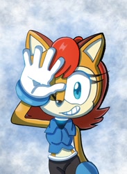 Size: 936x1278 | Tagged: safe, artist:apontedavid543, sally acorn, chipmunk, 2024, abstract background, female, looking at viewer, pose, sally's ringblader outfit, solo