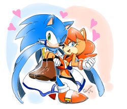 Size: 1414x1224 | Tagged: dead source, safe, artist:drawloverlala, sally acorn, sonic the hedgehog, chipmunk, hedgehog, 2015, carrying them, cosplay, duo, female, heart, looking at viewer, male, pose, sally x sonic, sally's ringblader outfit, scarf, shipping, straight, vocaloid
