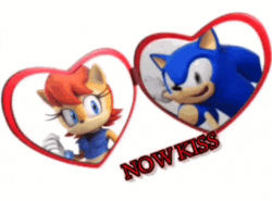 Size: 484x358 | Tagged: safe, artist:lu0087, sally acorn, sonic the hedgehog, chipmunk, hedgehog, 3d, duo, english text, female, gif, heart locket, male, meme, now kiss, sally x sonic, sally's ringblader outfit, shipping, straight