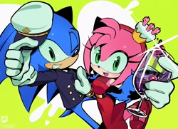 Size: 2048x1485 | Tagged: safe, artist:0ni91ri, amy rose, sonic the hedgehog, the murder of sonic the hedgehog, 2025, amy x sonic, cup, drink, duo, glass, green background, grin, hand on another's chest, hat, holding something, looking at viewer, mouth open, shipping, simple background, smile, straight, wink