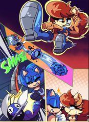 Size: 1046x1440 | Tagged: safe, artist:maliahboon, sally acorn, sonic the hedgehog, chipmunk, hedgehog, 2026, badnik, comic, destroyed robot, duo, english text, eyes closed, female, fighting, kicking, male, robot, sally x sonic, sally's vest and boots, shipping, sparkles, straight, sweatdrop