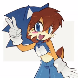 Size: 2048x2048 | Tagged: safe, artist:candleyy, sally acorn, sonic the hedgehog, chipmunk, 2025, abstract background, blushing, clothes, cosplay, looking at viewer, mouth open, open smile, pose, smile, smiling at viewer, solo, v sign