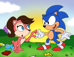 Size: 2048x1582 | Tagged: safe, artist:slysonic, sally acorn, sonic the hedgehog, chipmunk, hedgehog, 2026, classic sally, classic sonic, destroyed robot, duo, female, helping up, looking at each other, male, sally x sonic, shipping, sonic satam, straight, sun, valentine's day
