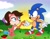 Size: 2048x1582 | Tagged: safe, artist:slysonic, sally acorn, sonic the hedgehog, chipmunk, hedgehog, hybrid, squirrel, 2026, classic sally, classic sonic, destroyed robot, dic, duo, female, helping up, looking at each other, male, sally x sonic, shipping, sonic satam, straight, sun, valentine's day